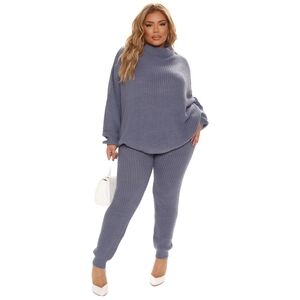 Fashion Nova Slate Blue Chunky Knit Sweater & Pant Set 1X 💙 Plus Size Co-ord